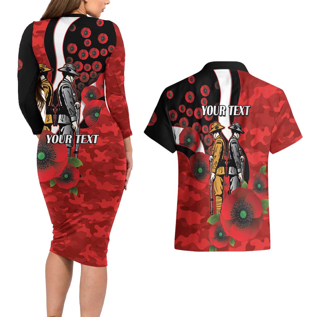 St George Illawarra Dragons ANZAC Personalised Couples Matching Long Sleeve Bodycon Dress and Hawaiian Shirt Lest We Forget Poppy Camo