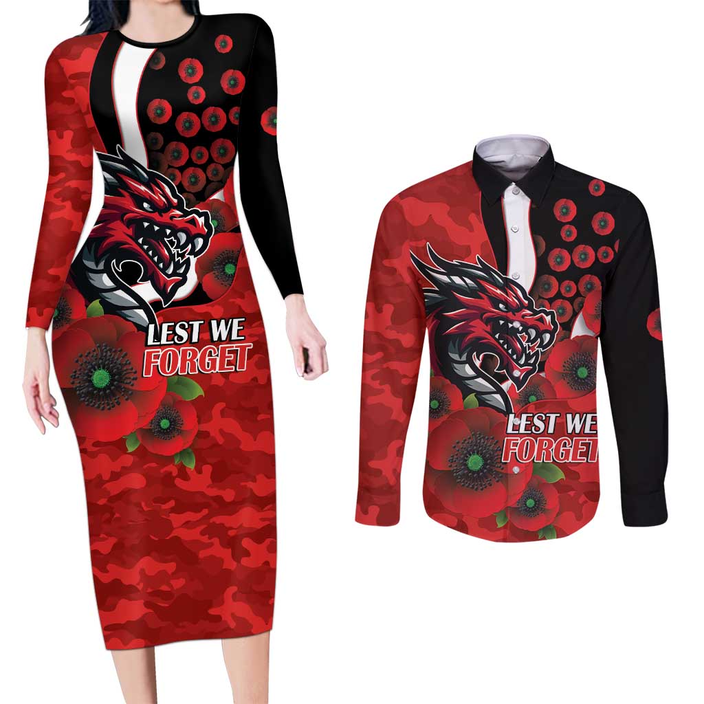 St George Illawarra Dragons ANZAC Personalised Couples Matching Long Sleeve Bodycon Dress and Long Sleeve Button Shirt Lest We Forget Poppy Camo