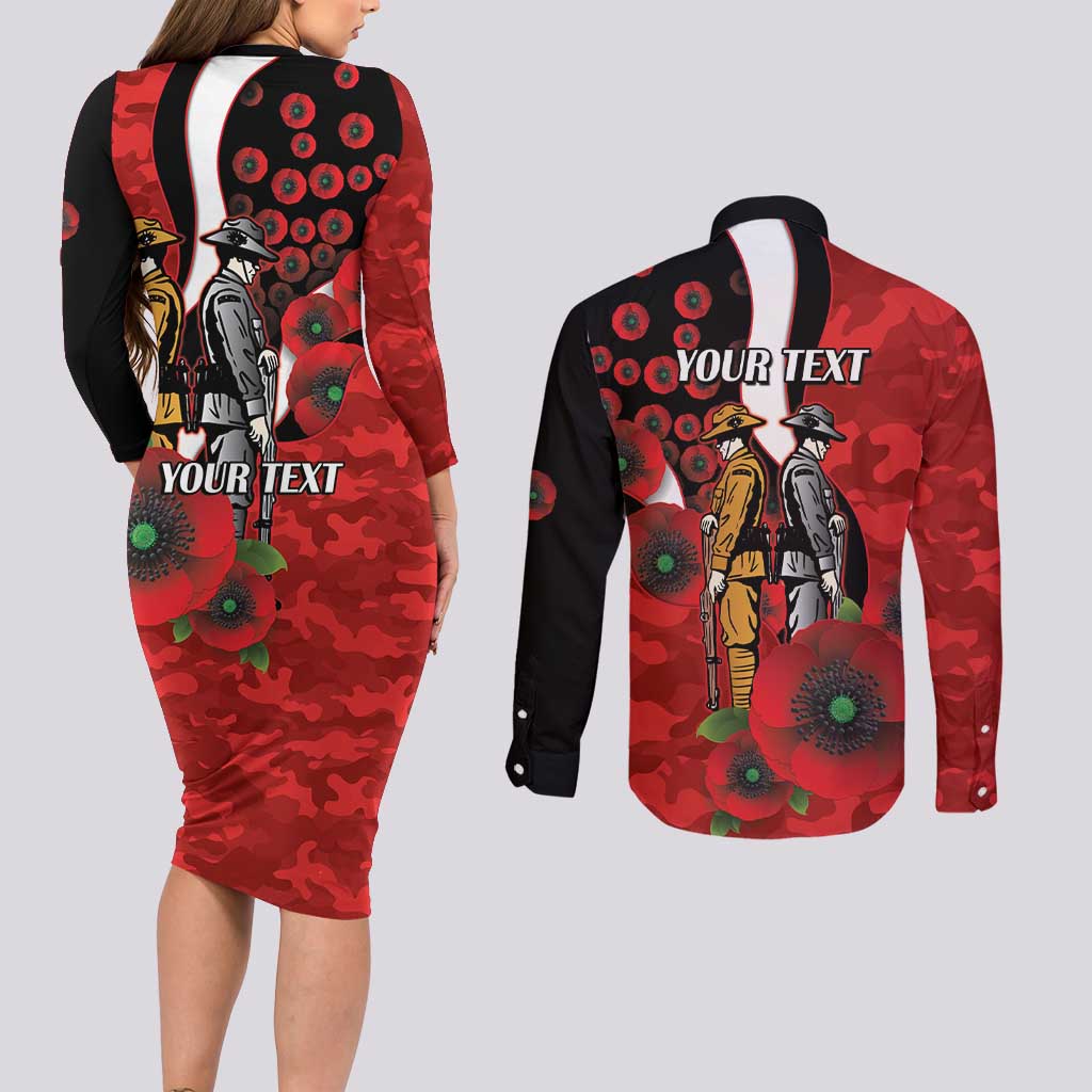 St George Illawarra Dragons ANZAC Personalised Couples Matching Long Sleeve Bodycon Dress and Long Sleeve Button Shirt Lest We Forget Poppy Camo