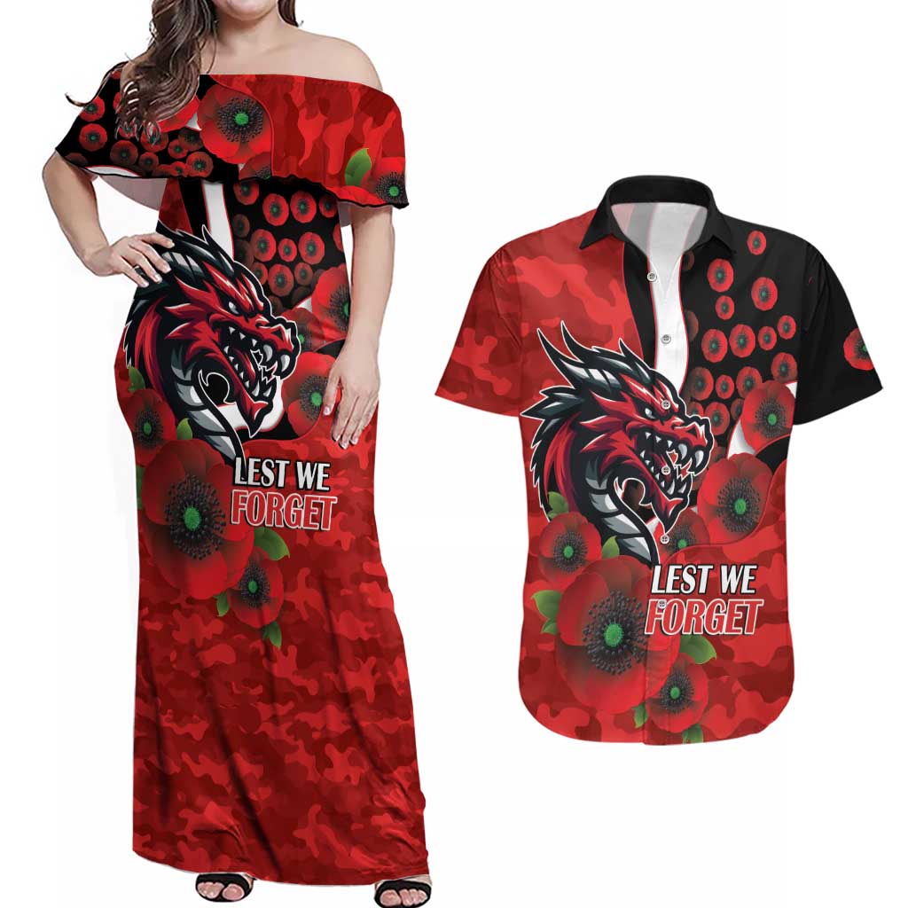 St George Illawarra Dragons ANZAC Personalised Couples Matching Off Shoulder Maxi Dress and Hawaiian Shirt Lest We Forget Poppy Camo