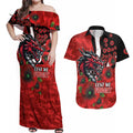 St George Illawarra Dragons ANZAC Personalised Couples Matching Off Shoulder Maxi Dress and Hawaiian Shirt Lest We Forget Poppy Camo