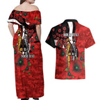 St George Illawarra Dragons ANZAC Personalised Couples Matching Off Shoulder Maxi Dress and Hawaiian Shirt Lest We Forget Poppy Camo