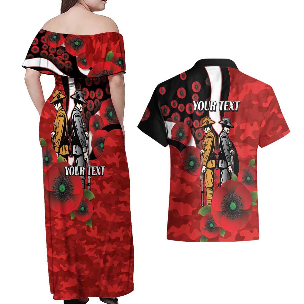 St George Illawarra Dragons ANZAC Personalised Couples Matching Off Shoulder Maxi Dress and Hawaiian Shirt Lest We Forget Poppy Camo