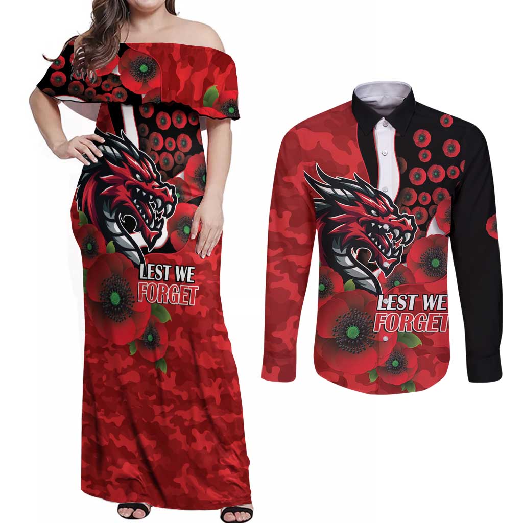 St George Illawarra Dragons ANZAC Personalised Couples Matching Off Shoulder Maxi Dress and Long Sleeve Button Shirt Lest We Forget Poppy Camo