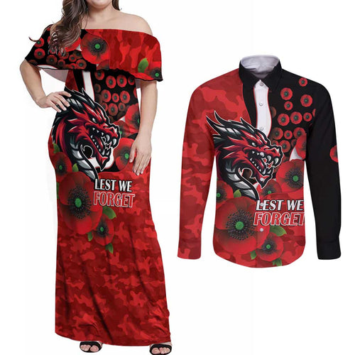 St George Illawarra Dragons ANZAC Personalised Couples Matching Off Shoulder Maxi Dress and Long Sleeve Button Shirt Lest We Forget Poppy Camo