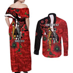 St George Illawarra Dragons ANZAC Personalised Couples Matching Off Shoulder Maxi Dress and Long Sleeve Button Shirt Lest We Forget Poppy Camo