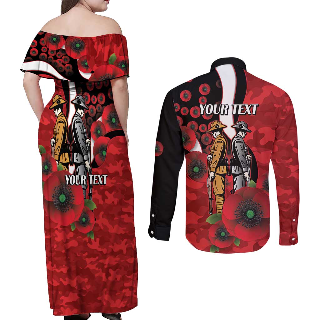 St George Illawarra Dragons ANZAC Personalised Couples Matching Off Shoulder Maxi Dress and Long Sleeve Button Shirt Lest We Forget Poppy Camo