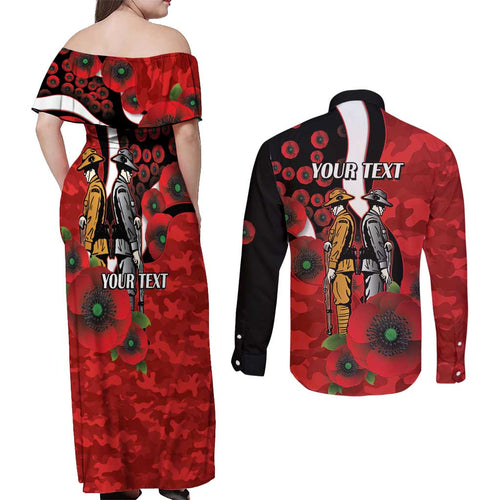 St George Illawarra Dragons ANZAC Personalised Couples Matching Off Shoulder Maxi Dress and Long Sleeve Button Shirt Lest We Forget Poppy Camo