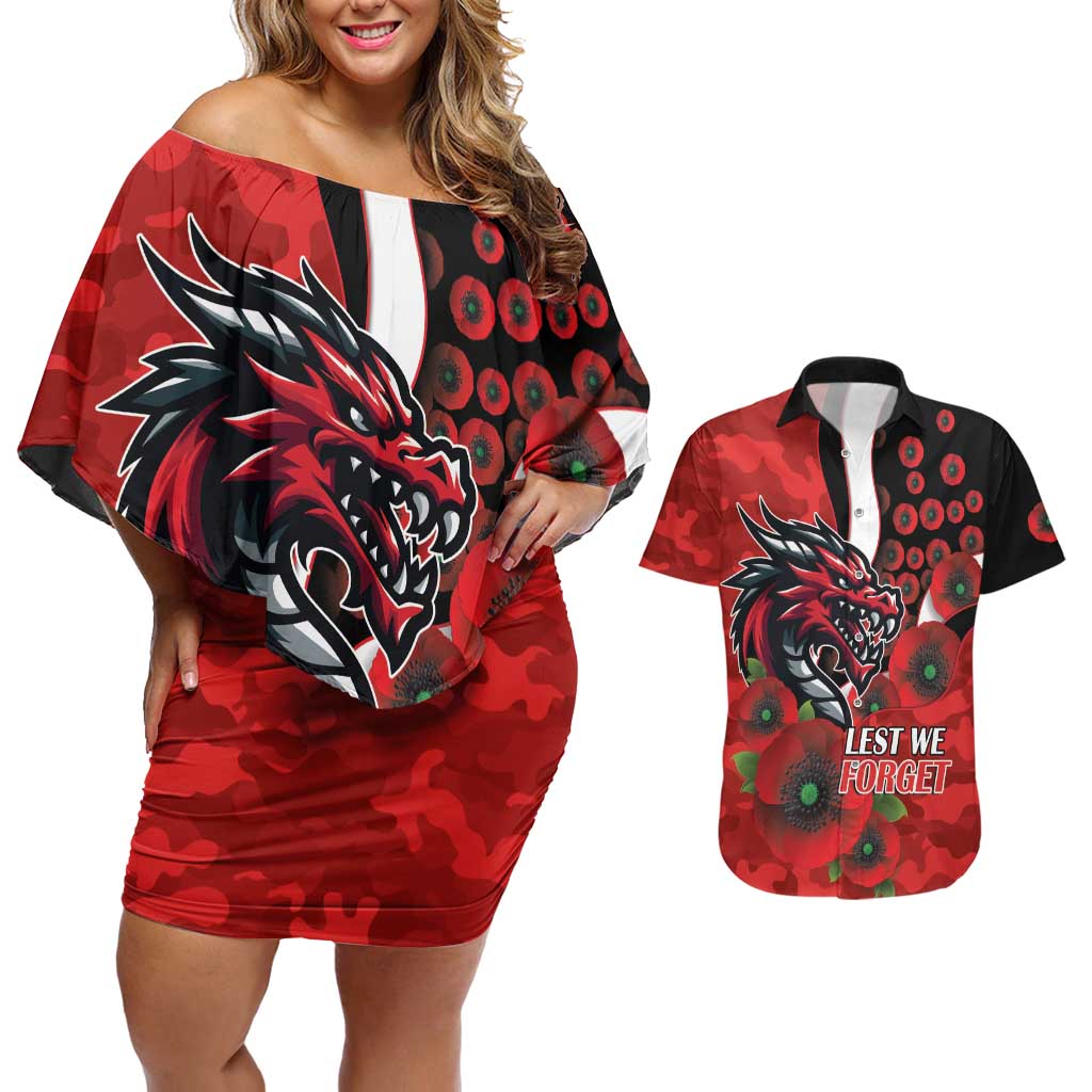 St George Illawarra Dragons ANZAC Personalised Couples Matching Off Shoulder Short Dress and Hawaiian Shirt Lest We Forget Poppy Camo