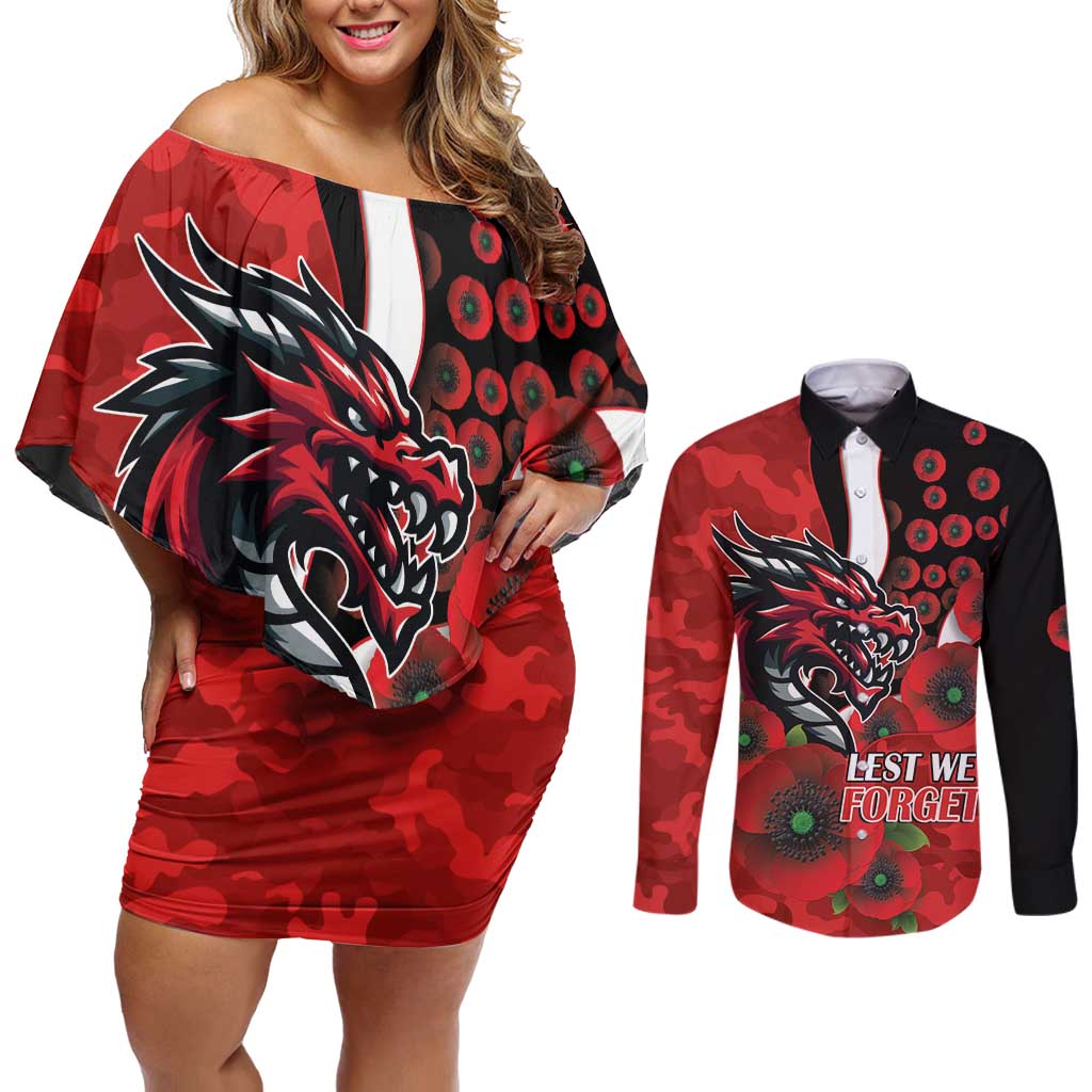 St George Illawarra Dragons ANZAC Personalised Couples Matching Off Shoulder Short Dress and Long Sleeve Button Shirt Lest We Forget Poppy Camo