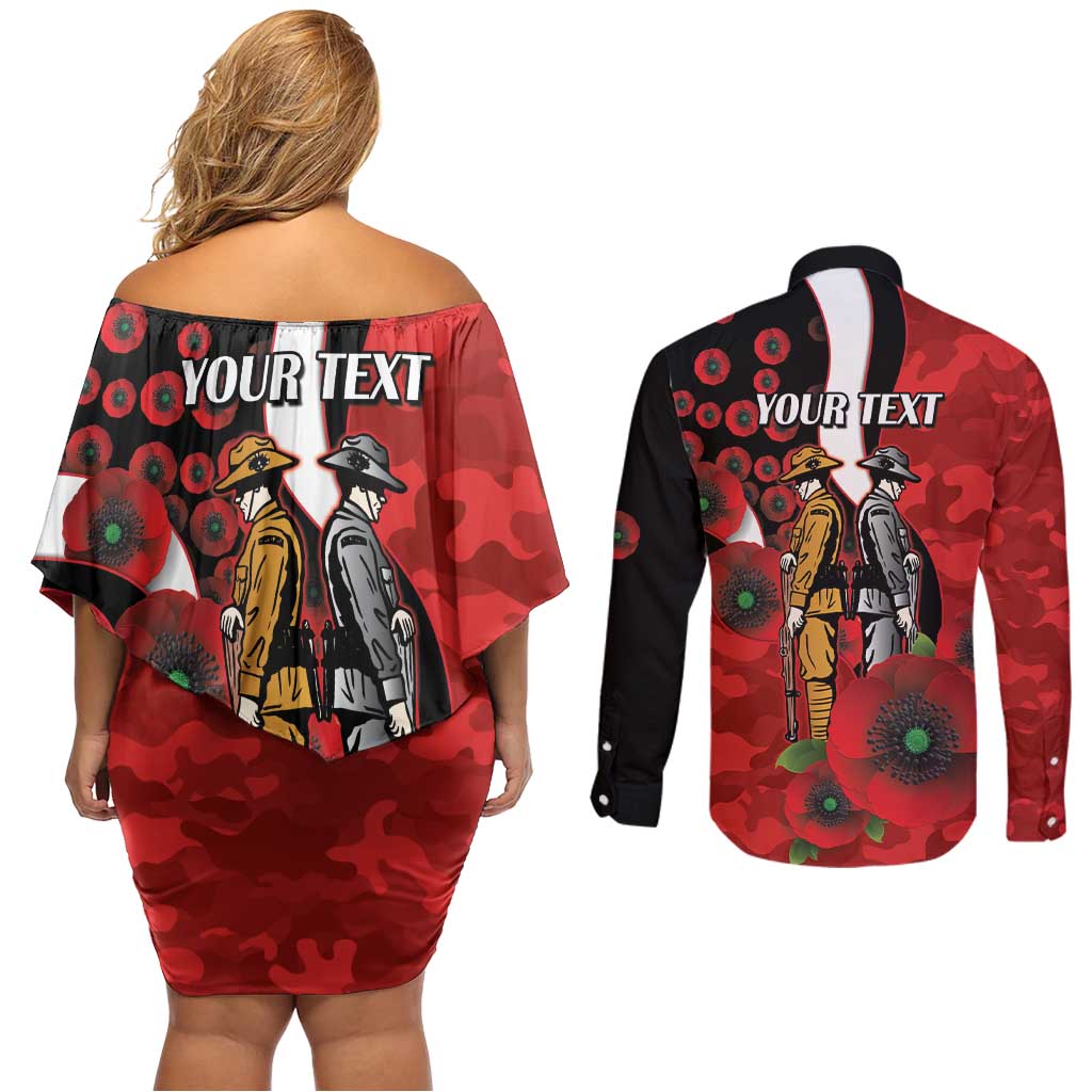 St George Illawarra Dragons ANZAC Personalised Couples Matching Off Shoulder Short Dress and Long Sleeve Button Shirt Lest We Forget Poppy Camo