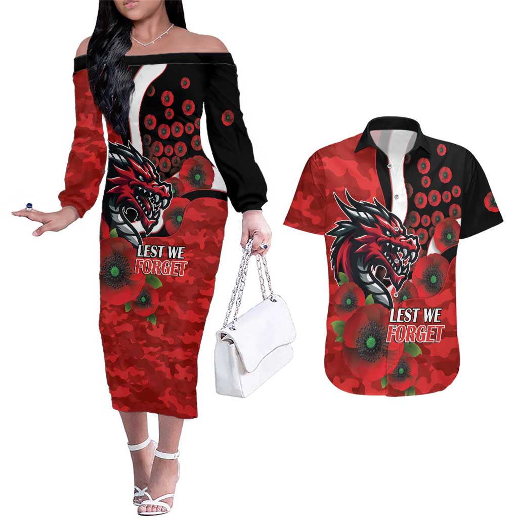 St George Illawarra Dragons ANZAC Personalised Couples Matching Off The Shoulder Long Sleeve Dress and Hawaiian Shirt Lest We Forget Poppy Camo