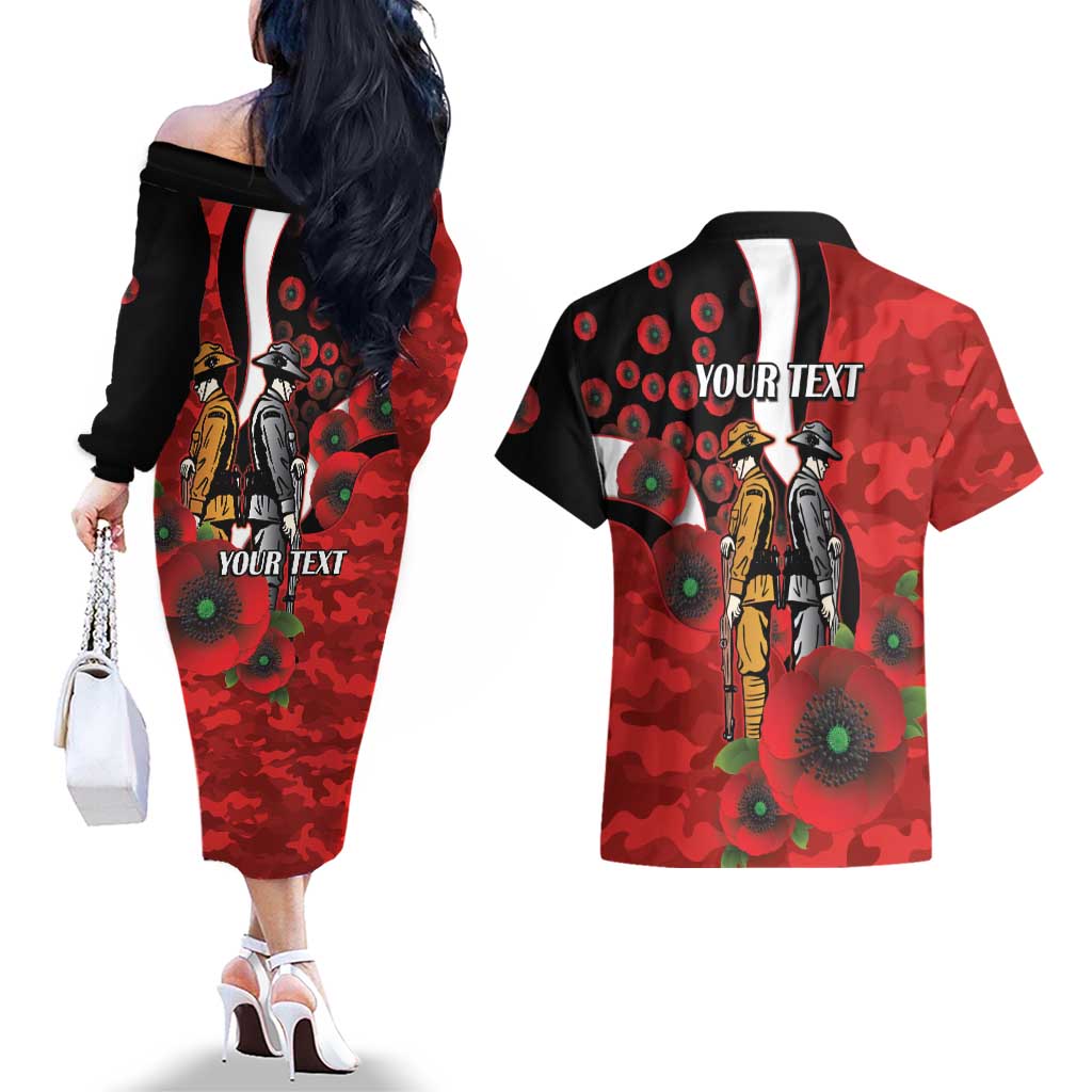 St George Illawarra Dragons ANZAC Personalised Couples Matching Off The Shoulder Long Sleeve Dress and Hawaiian Shirt Lest We Forget Poppy Camo