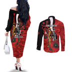St George Illawarra Dragons ANZAC Personalised Couples Matching Off The Shoulder Long Sleeve Dress and Long Sleeve Button Shirt Lest We Forget Poppy Camo