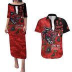 St George Illawarra Dragons ANZAC Personalised Couples Matching Puletasi and Hawaiian Shirt Lest We Forget Poppy Camo