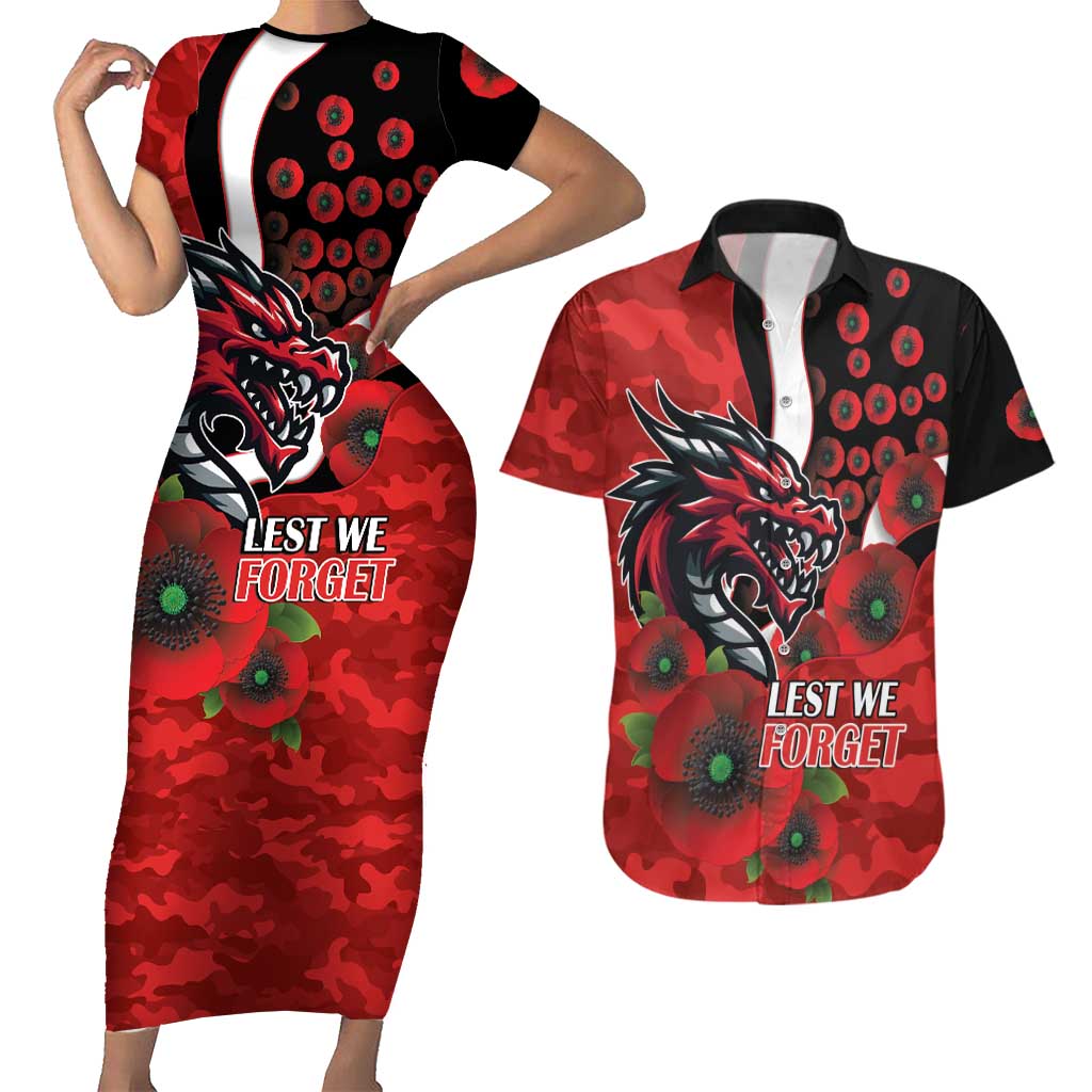 St George Illawarra Dragons ANZAC Personalised Couples Matching Short Sleeve Bodycon Dress and Hawaiian Shirt Lest We Forget Poppy Camo