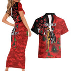 St George Illawarra Dragons ANZAC Personalised Couples Matching Short Sleeve Bodycon Dress and Hawaiian Shirt Lest We Forget Poppy Camo