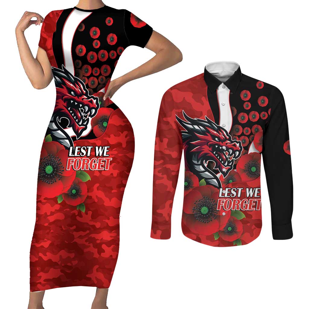 St George Illawarra Dragons ANZAC Personalised Couples Matching Short Sleeve Bodycon Dress and Long Sleeve Button Shirt Lest We Forget Poppy Camo