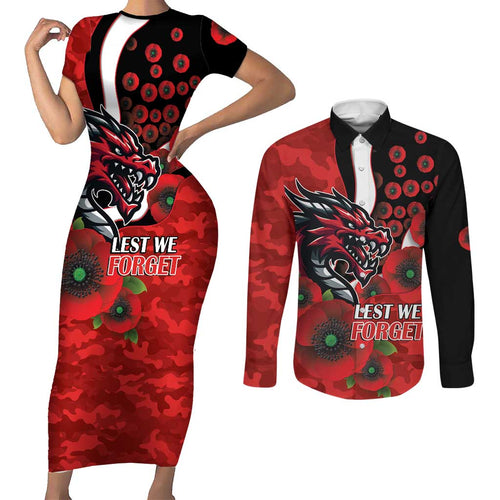 St George Illawarra Dragons ANZAC Personalised Couples Matching Short Sleeve Bodycon Dress and Long Sleeve Button Shirt Lest We Forget Poppy Camo