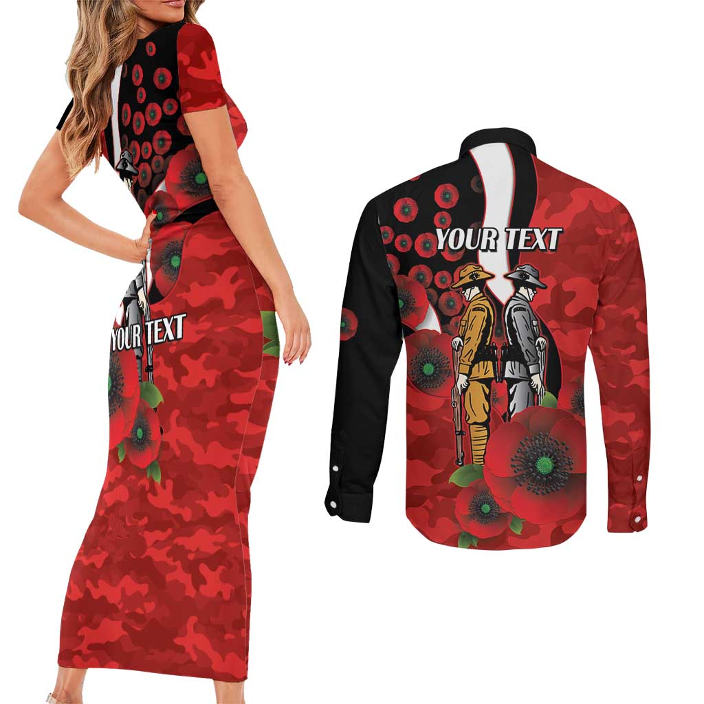 St George Illawarra Dragons ANZAC Personalised Couples Matching Short Sleeve Bodycon Dress and Long Sleeve Button Shirt Lest We Forget Poppy Camo