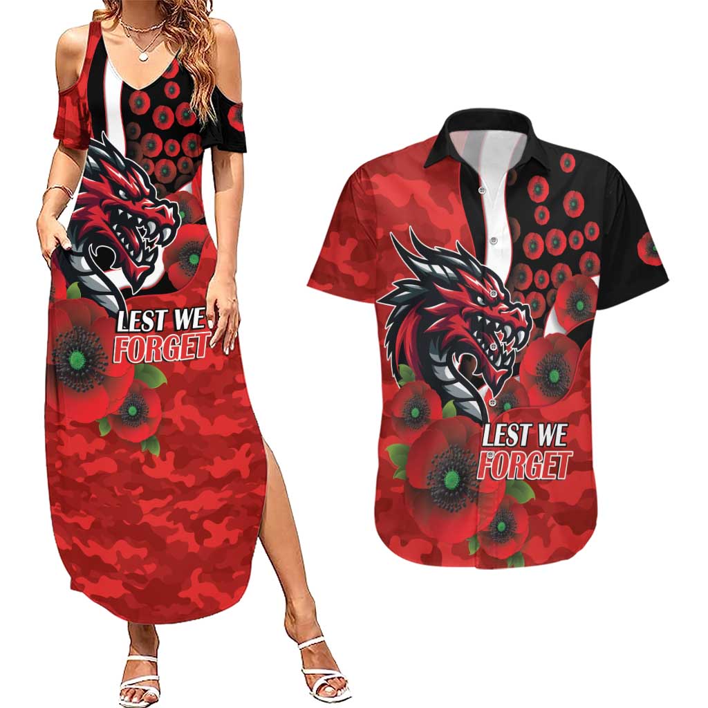 St George Illawarra Dragons ANZAC Personalised Couples Matching Summer Maxi Dress and Hawaiian Shirt Lest We Forget Poppy Camo