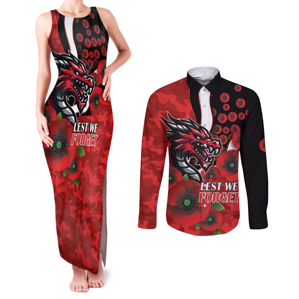 St George Illawarra Dragons ANZAC Personalised Couples Matching Tank Maxi Dress and Long Sleeve Button Shirt Lest We Forget Poppy Camo