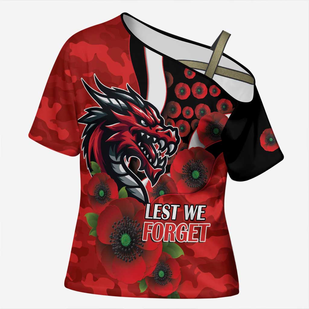 St George Illawarra Dragons ANZAC Personalised Cross Shoulder Shirt Lest We Forget Poppy Camo