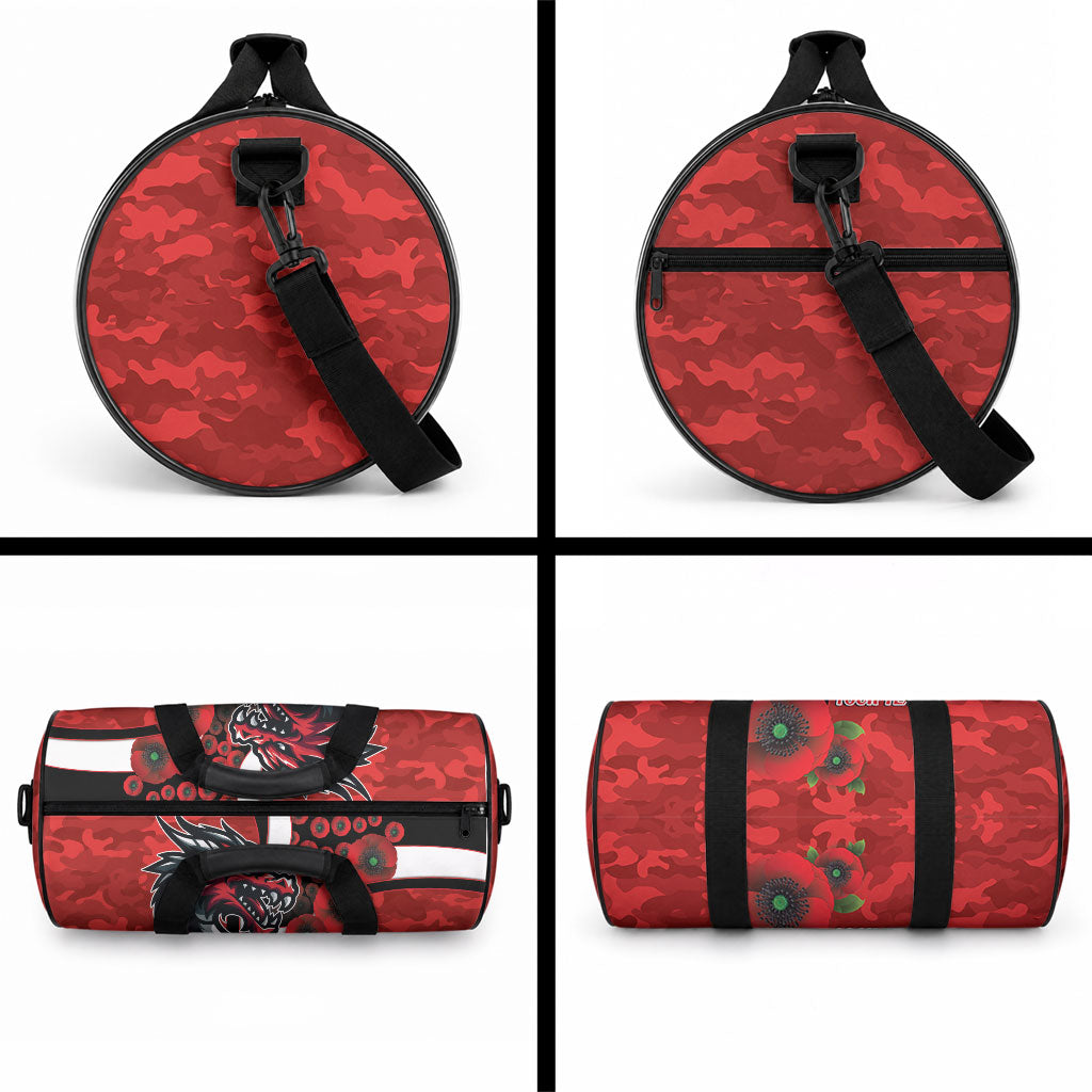 St George Illawarra Dragons ANZAC Personalised Duffle Bag Lest We Forget Poppy Camo