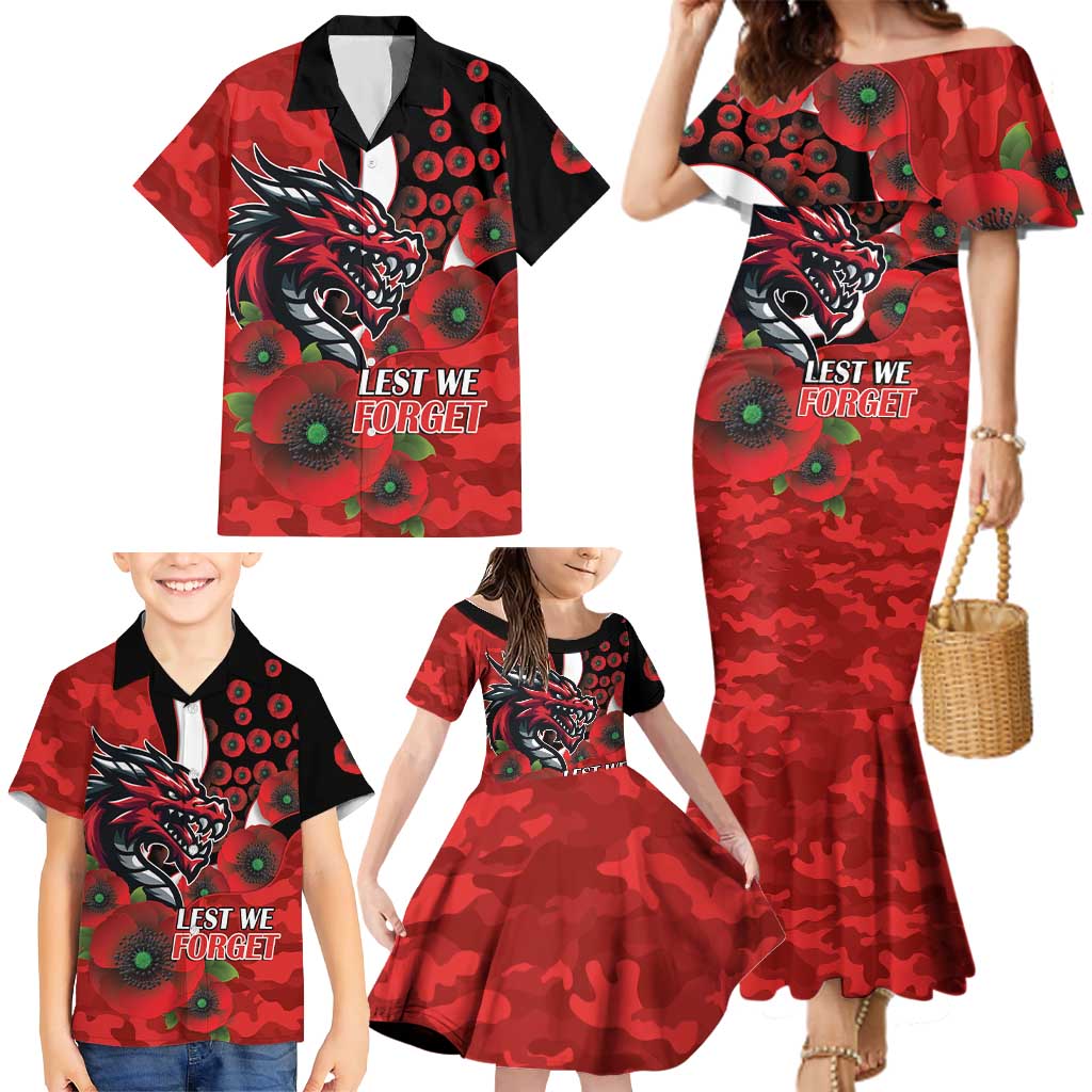 St George Illawarra Dragons ANZAC Personalised Family Matching Mermaid Dress and Hawaiian Shirt Lest We Forget Poppy Camo