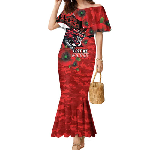 St George Illawarra Dragons ANZAC Personalised Family Matching Mermaid Dress and Hawaiian Shirt Lest We Forget Poppy Camo
