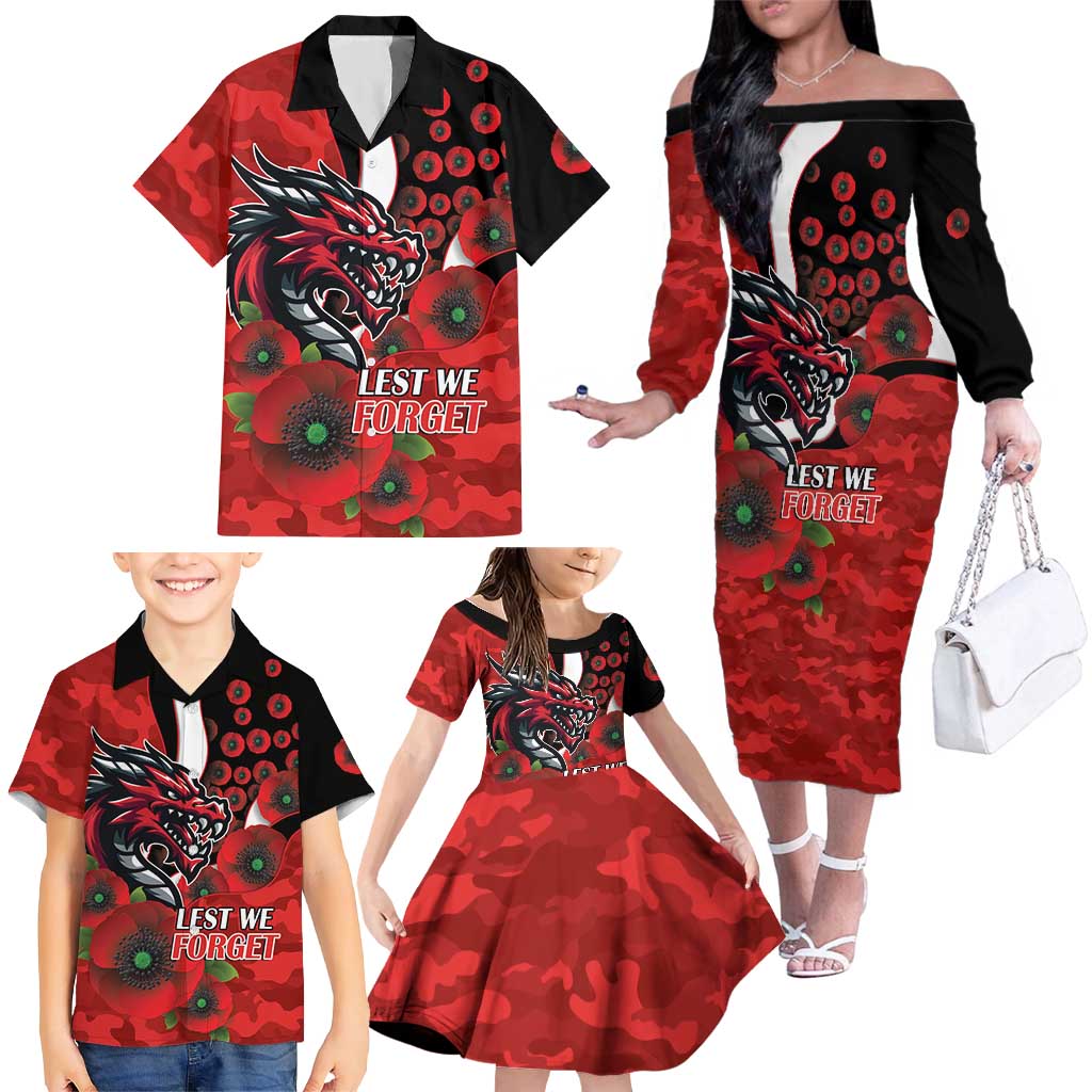St George Illawarra Dragons ANZAC Personalised Family Matching Off The Shoulder Long Sleeve Dress and Hawaiian Shirt Lest We Forget Poppy Camo