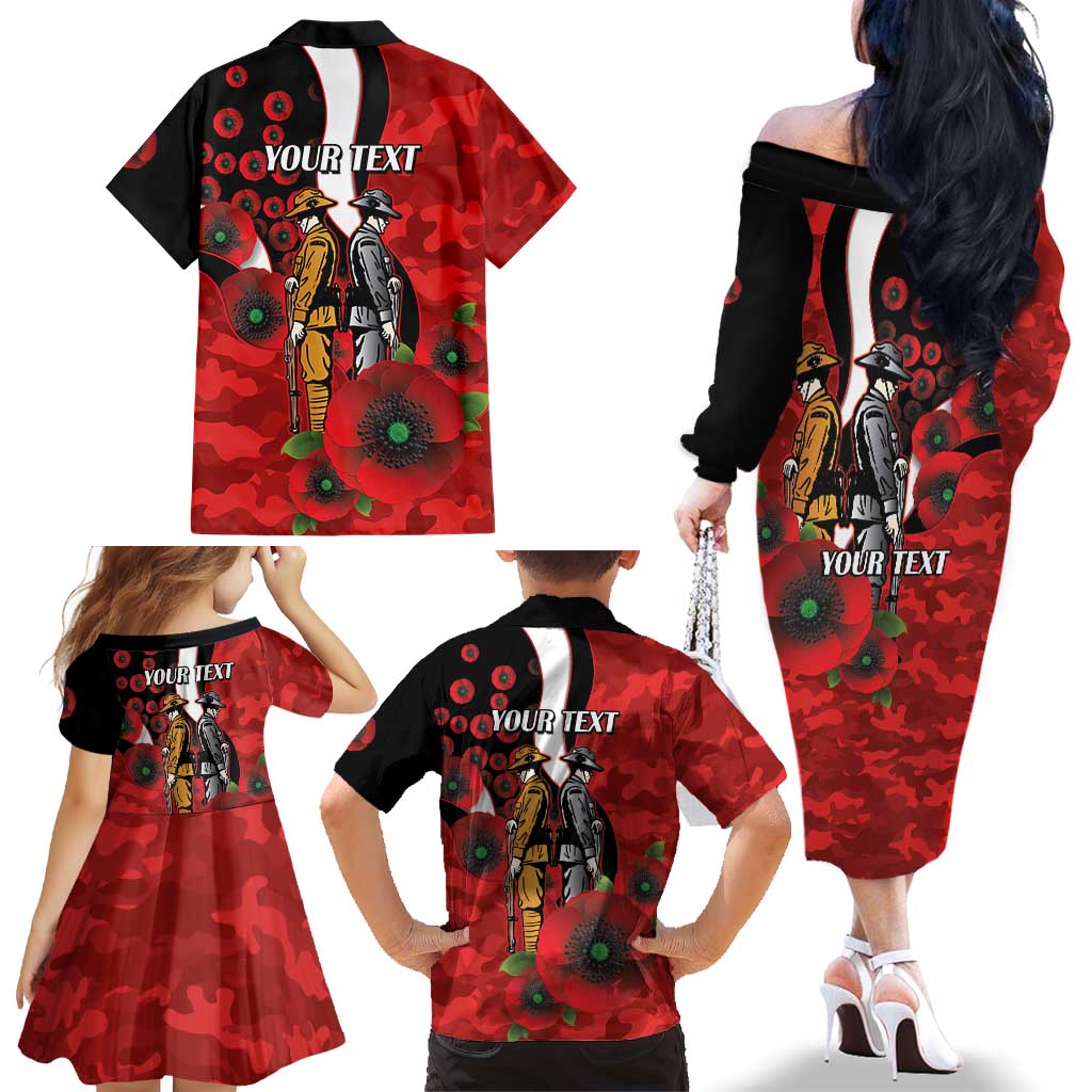 St George Illawarra Dragons ANZAC Personalised Family Matching Off The Shoulder Long Sleeve Dress and Hawaiian Shirt Lest We Forget Poppy Camo