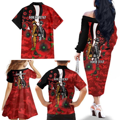 St George Illawarra Dragons ANZAC Personalised Family Matching Off The Shoulder Long Sleeve Dress and Hawaiian Shirt Lest We Forget Poppy Camo