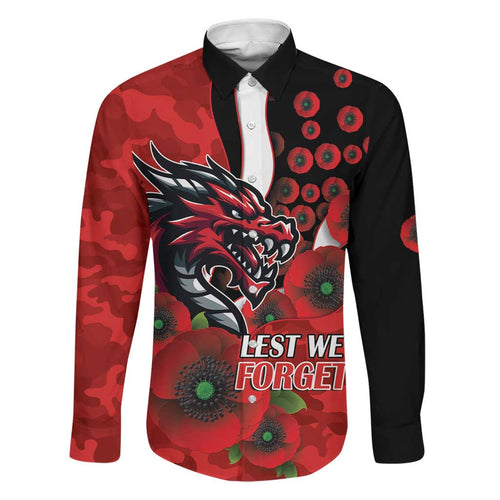 St George Illawarra Dragons ANZAC Personalised Family Matching Off The Shoulder Long Sleeve Dress and Hawaiian Shirt Lest We Forget Poppy Camo