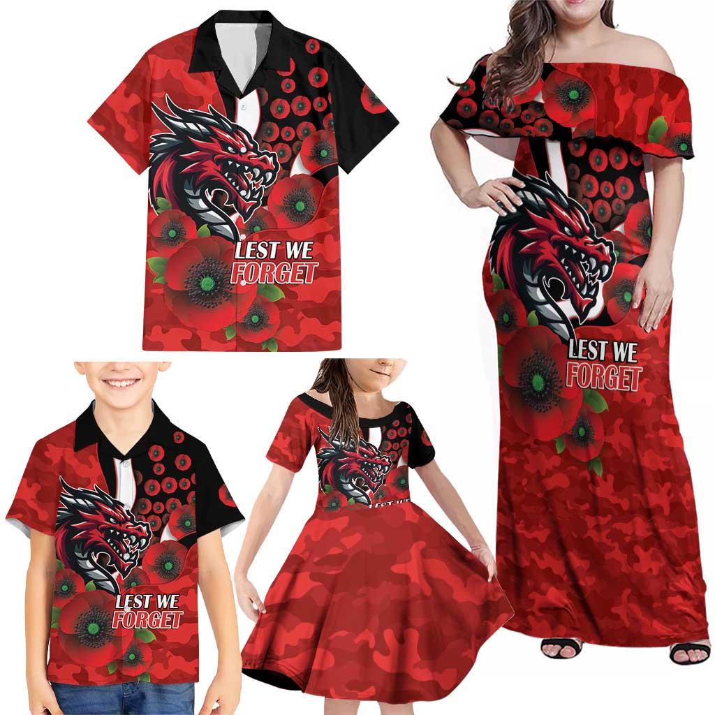 St George Illawarra Dragons ANZAC Personalised Family Matching Off Shoulder Maxi Dress and Hawaiian Shirt Lest We Forget Poppy Camo