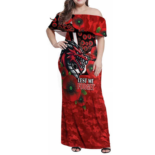 St George Illawarra Dragons ANZAC Personalised Family Matching Off Shoulder Maxi Dress and Hawaiian Shirt Lest We Forget Poppy Camo