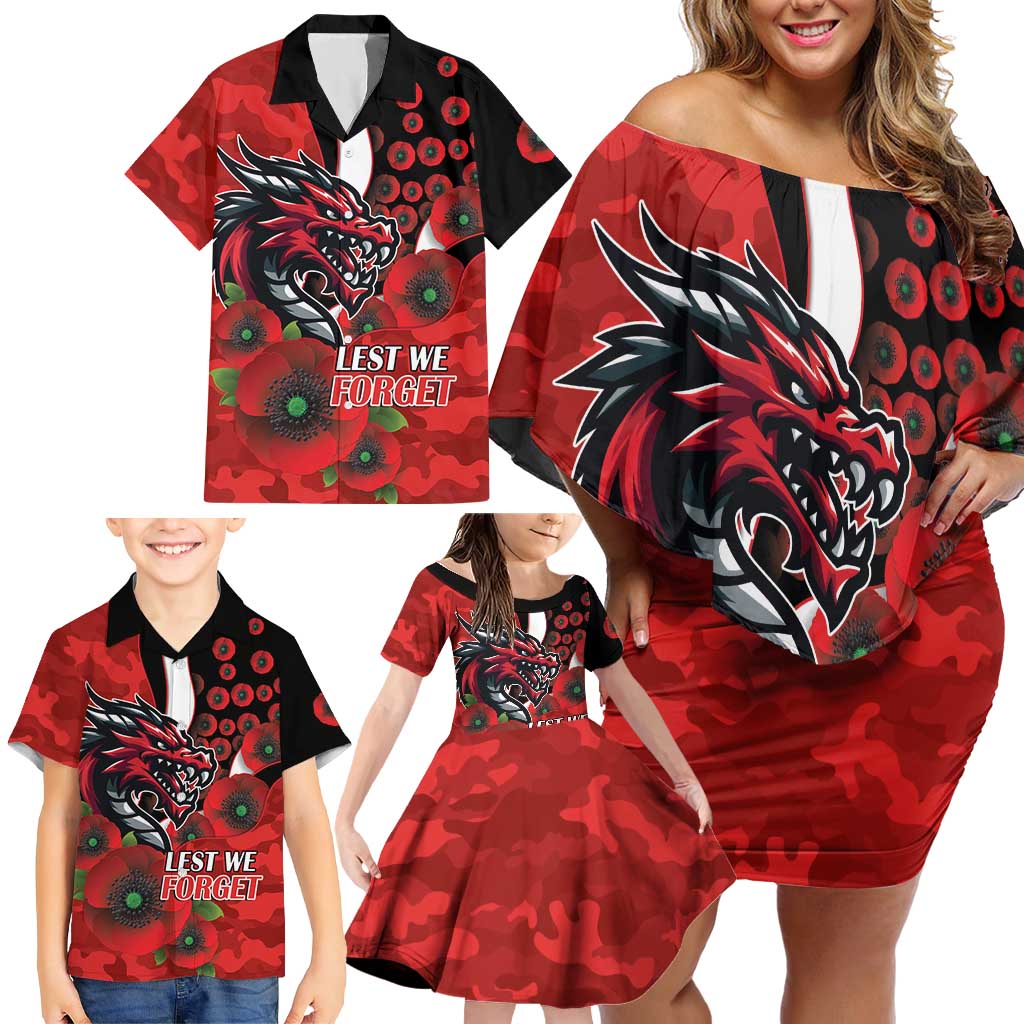 St George Illawarra Dragons ANZAC Personalised Family Matching Off Shoulder Short Dress and Hawaiian Shirt Lest We Forget Poppy Camo