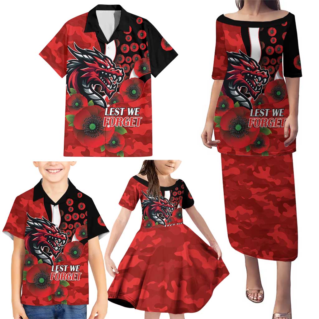 St George Illawarra Dragons ANZAC Personalised Family Matching Puletasi and Hawaiian Shirt Lest We Forget Poppy Camo