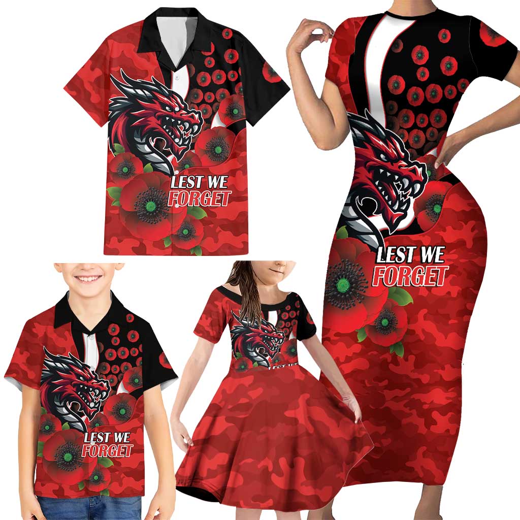 St George Illawarra Dragons ANZAC Personalised Family Matching Short Sleeve Bodycon Dress and Hawaiian Shirt Lest We Forget Poppy Camo