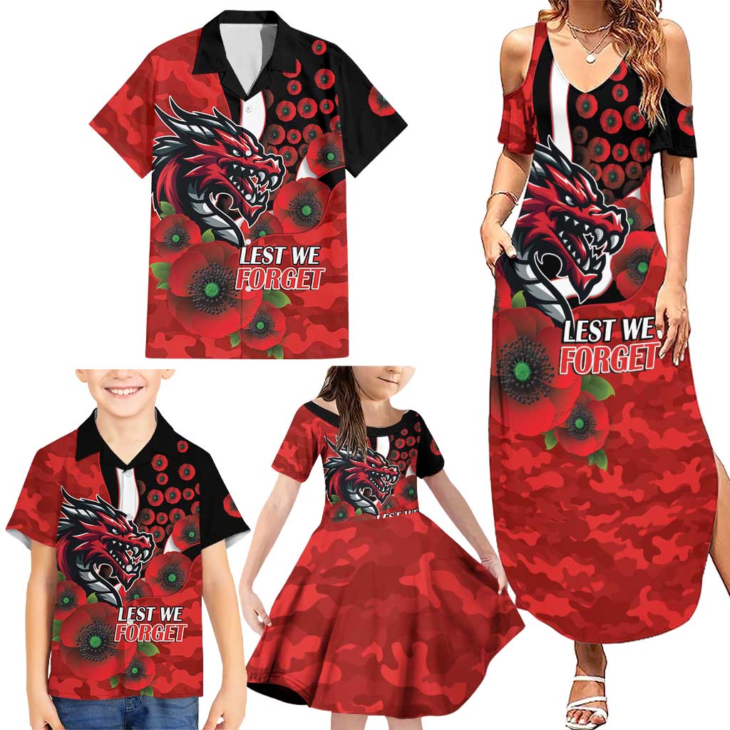 St George Illawarra Dragons ANZAC Personalised Family Matching Summer Maxi Dress and Hawaiian Shirt Lest We Forget Poppy Camo