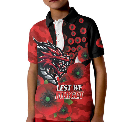 St George Illawarra Dragons ANZAC Personalised Kid Polo Shirt Lest We Forget Poppy Camo