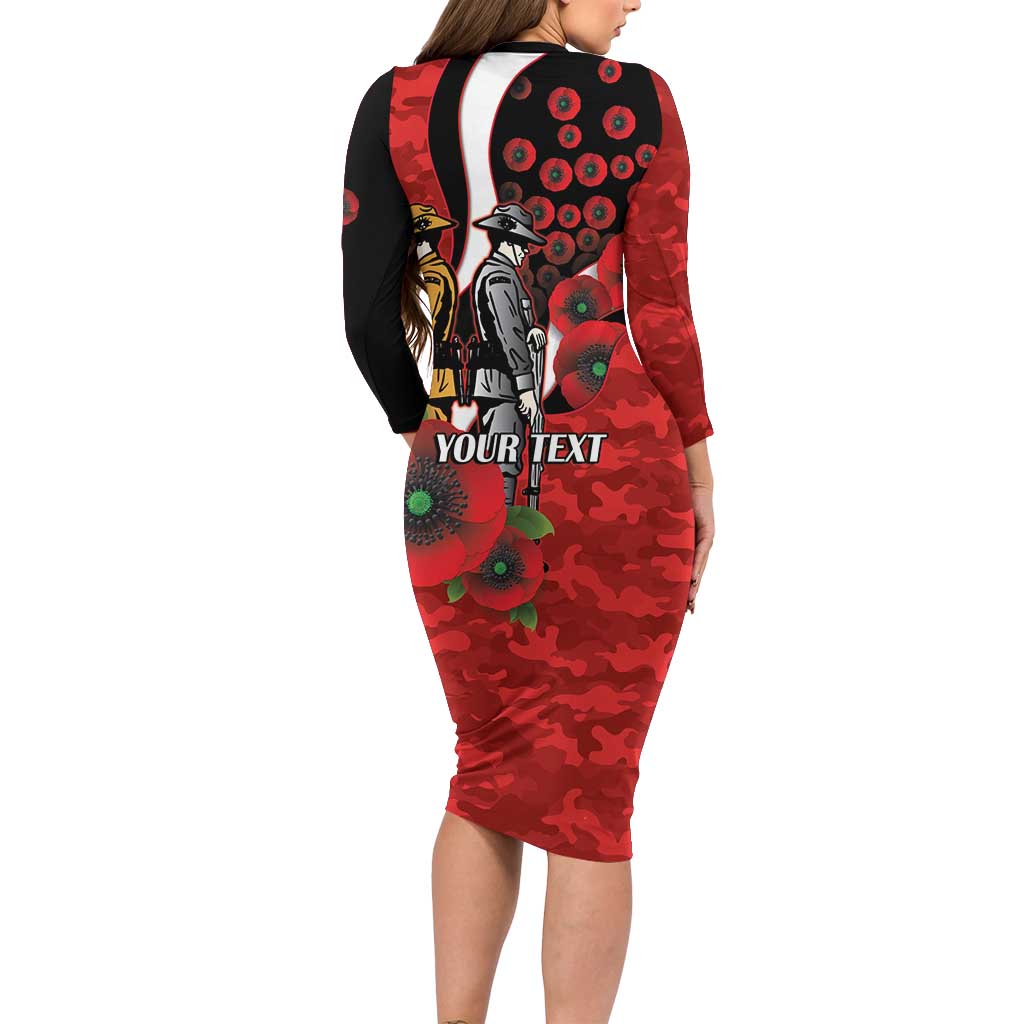 St George Illawarra Dragons ANZAC Personalised Long Sleeve Bodycon Dress Lest We Forget Poppy Camo