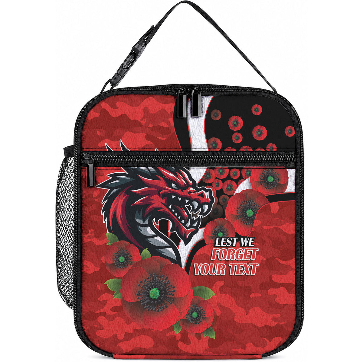St George Illawarra Dragons ANZAC Personalised Lunch Bag Lest We Forget Poppy Camo