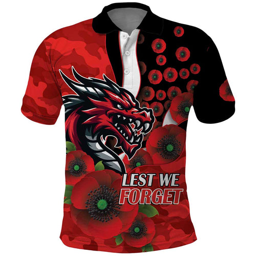St George Illawarra Dragons ANZAC Personalised Polo Shirt Lest We Forget Poppy Camo