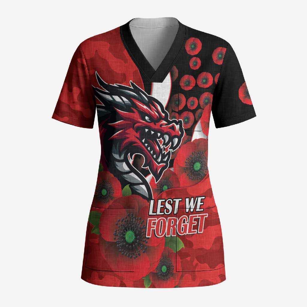 St George Illawarra Dragons ANZAC Personalised Scrub Top Lest We Forget Poppy Camo