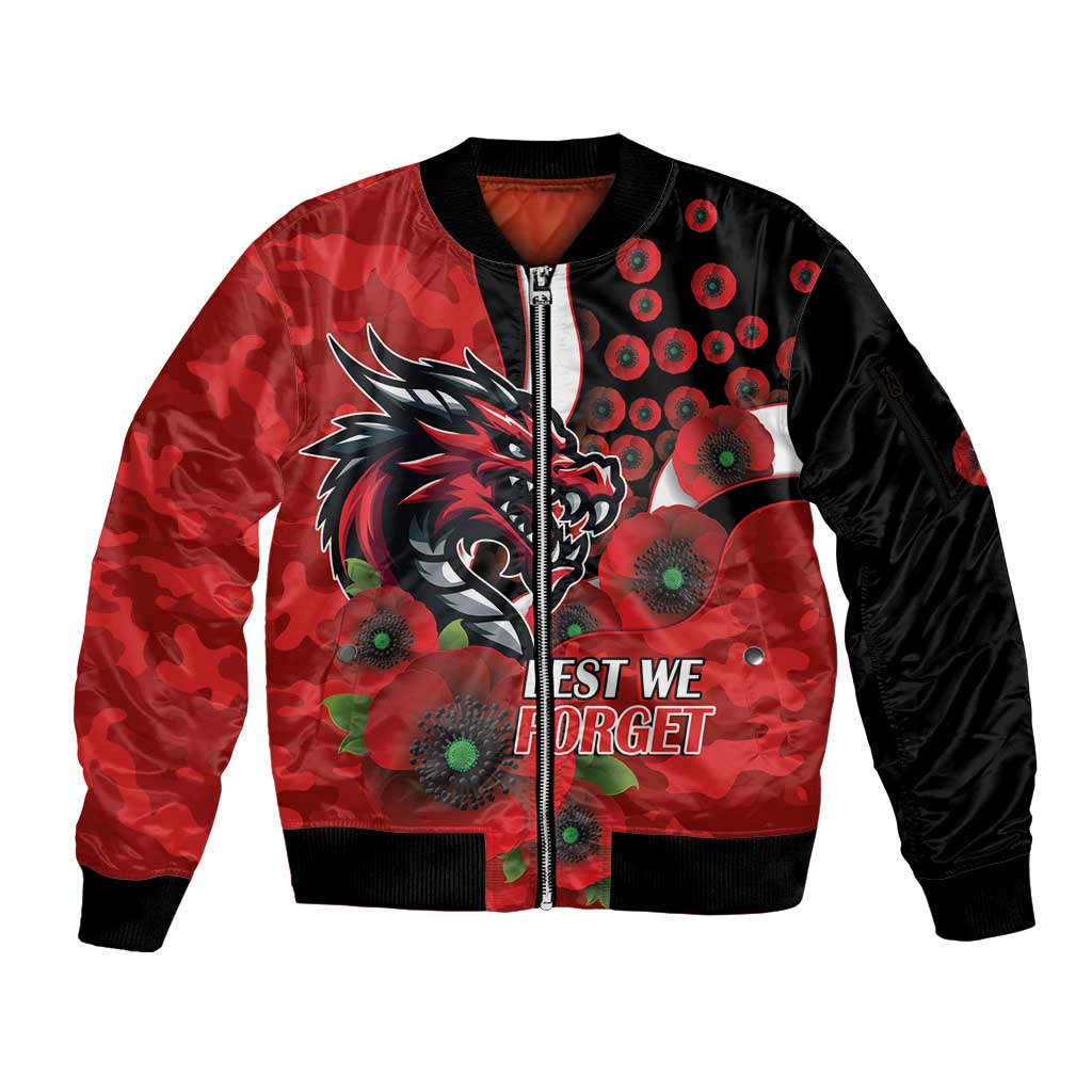 St George Illawarra Dragons ANZAC Personalised Sleeve Zip Bomber Jacket Lest We Forget Poppy Camo