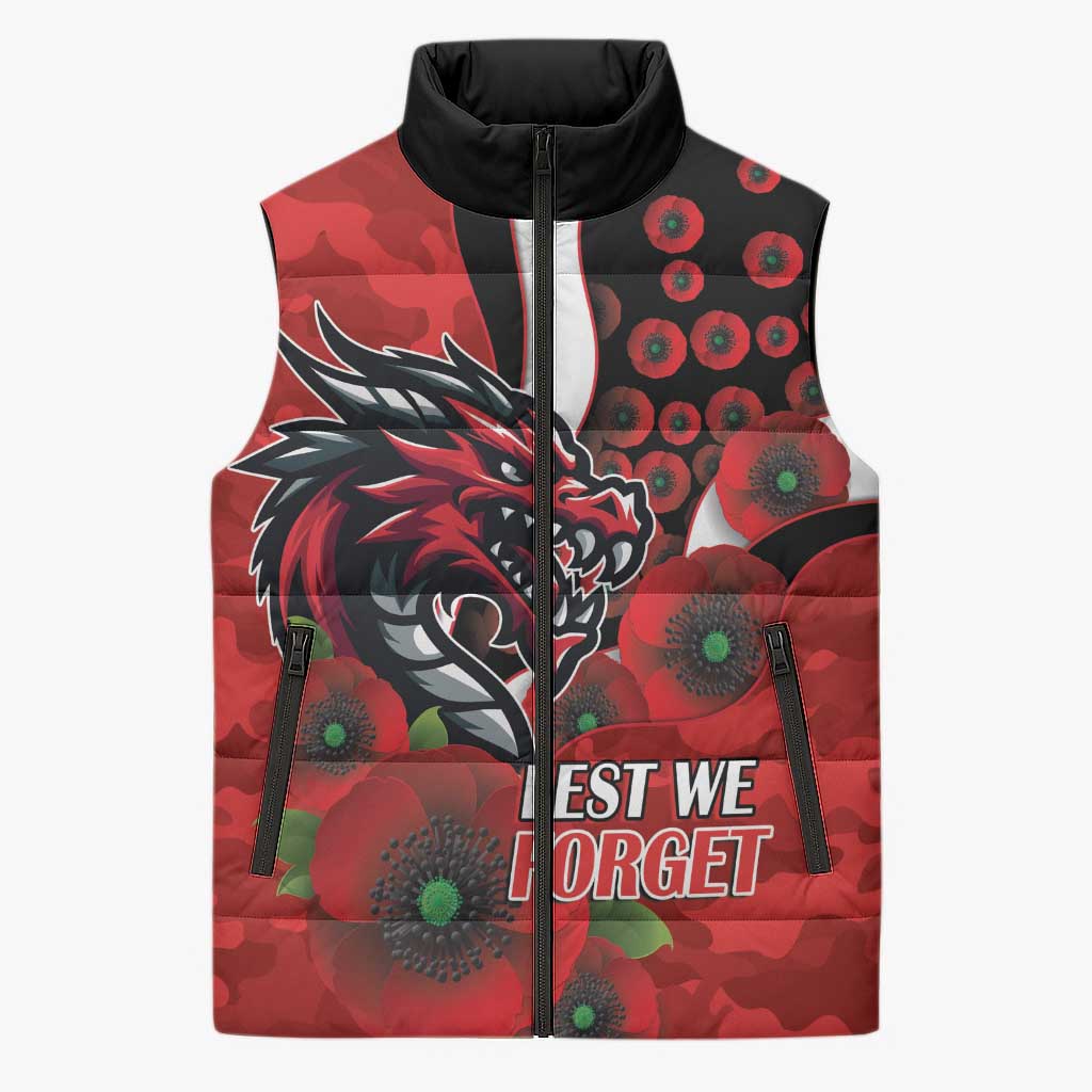 St George Illawarra Dragons ANZAC Personalised Sleeveless Puffer Jacket Lest We Forget Poppy Camo