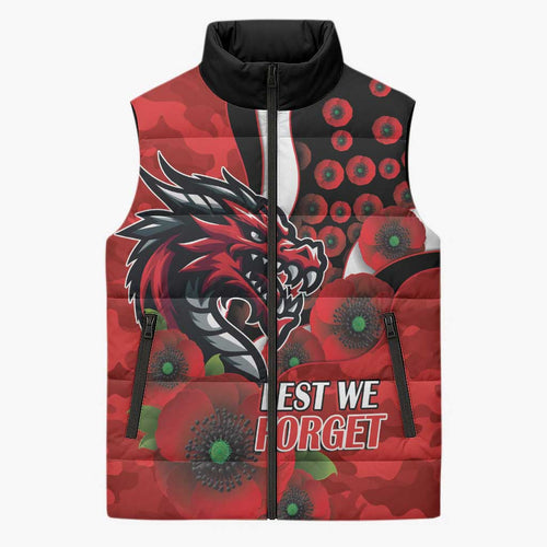 St George Illawarra Dragons ANZAC Personalised Sleeveless Puffer Jacket Lest We Forget Poppy Camo