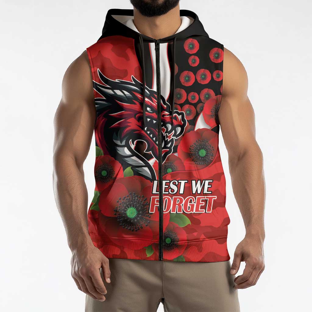 St George Illawarra Dragons ANZAC Personalised Sleeveless Zip Hoodie Lest We Forget Poppy Camo
