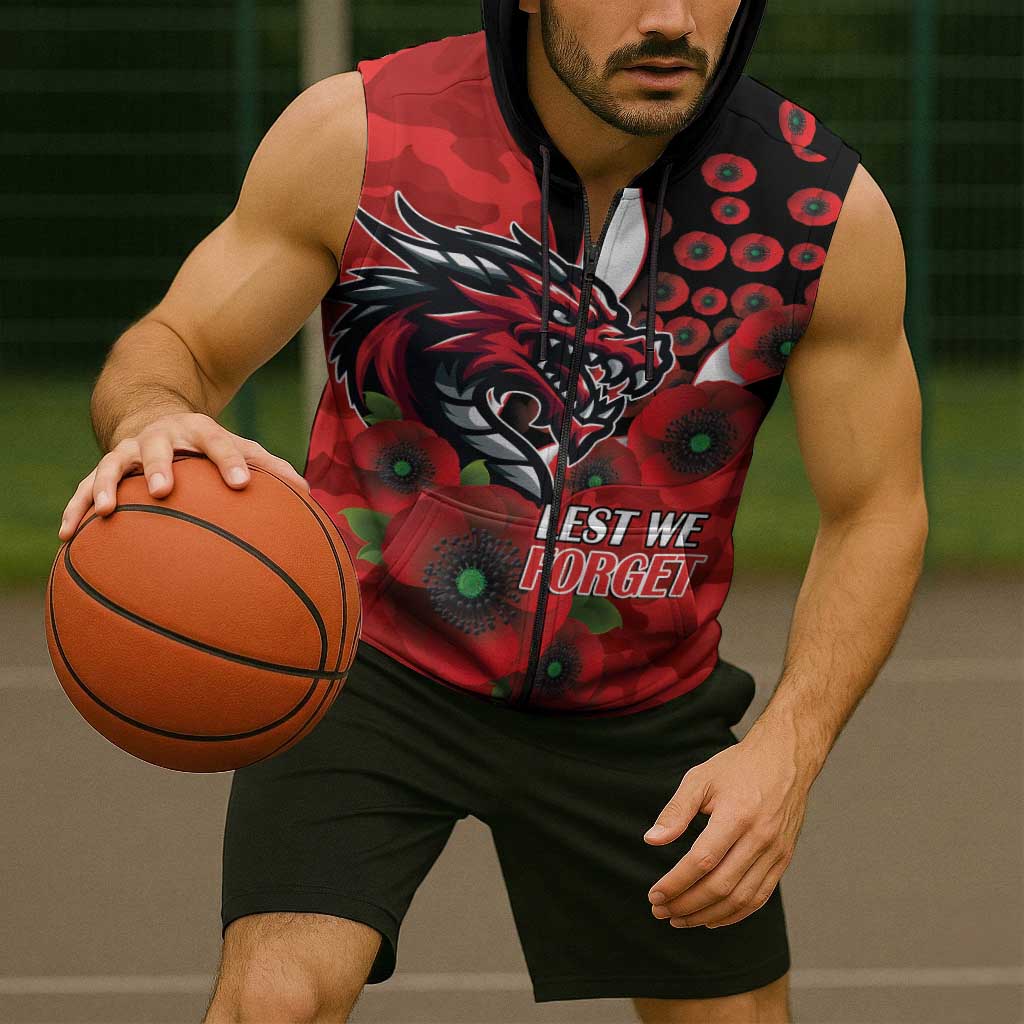St George Illawarra Dragons ANZAC Personalised Sleeveless Zip Hoodie Lest We Forget Poppy Camo